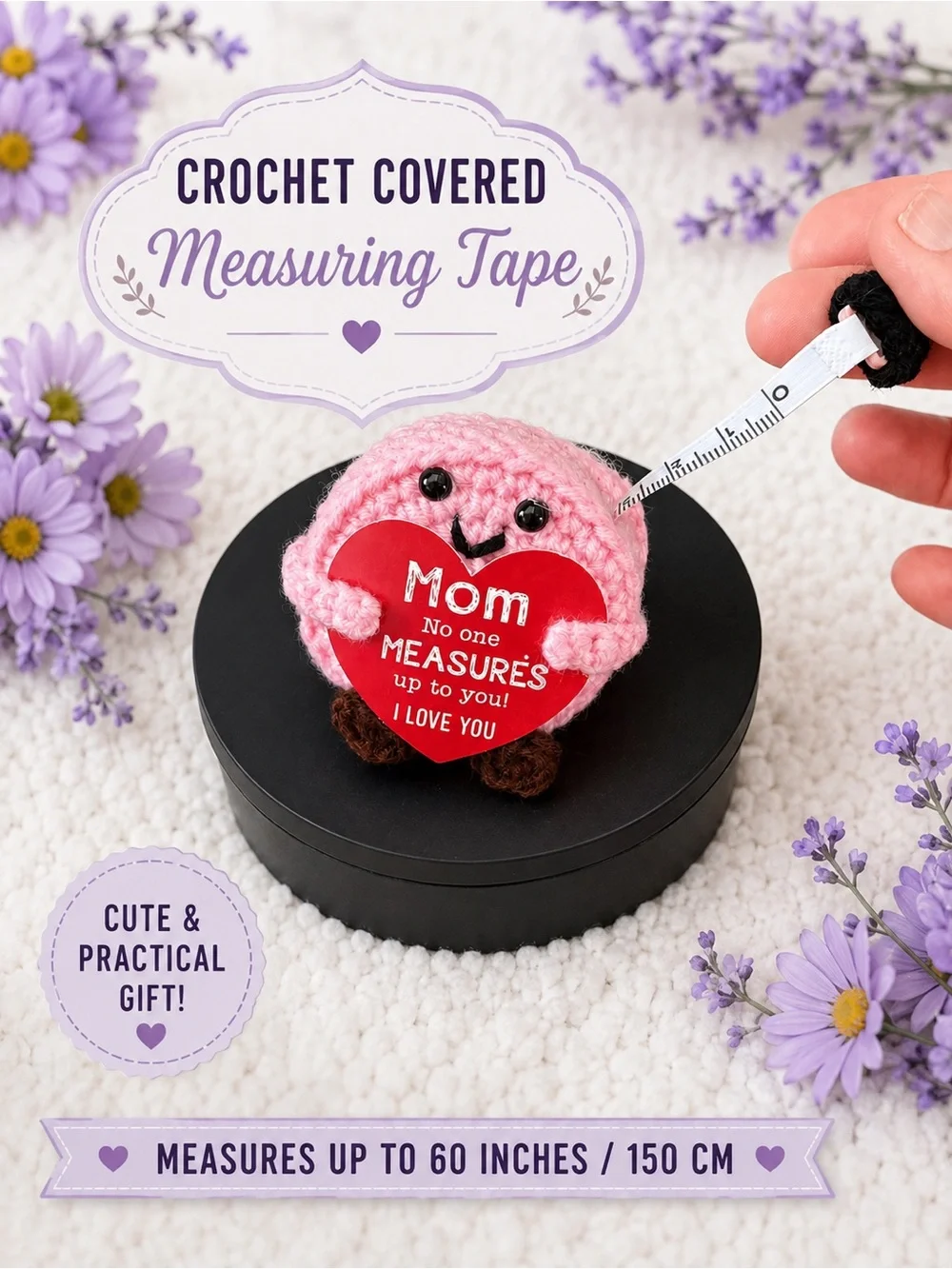Crochet Covered Measuring Tape - Pink Heart Mom Design NEW - Picture 1 of 4